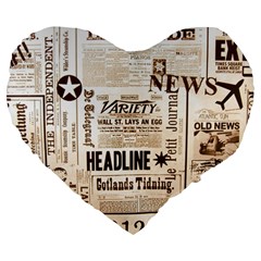 Vintage Newspapers Headline Typography Large 19  Premium Flano Heart Shape Cushions by yoursparklingshop