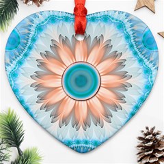 Clean And Pure Turquoise And White Fractal Flower Heart Ornament (two Sides) by jayaprime