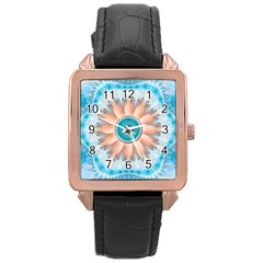 Clean And Pure Turquoise And White Fractal Flower Rose Gold Leather Watch  by jayaprime