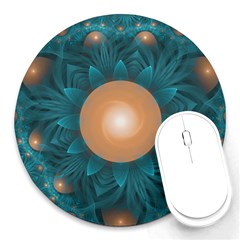 Beautiful Orange Teal Fractal Lotus Lily Pad Pond Round Mousepads by jayaprime