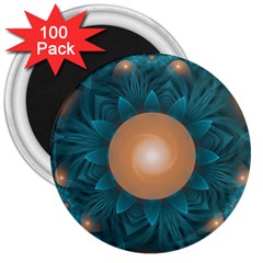 Beautiful Orange Teal Fractal Lotus Lily Pad Pond 3  Magnets (100 Pack) by jayaprime