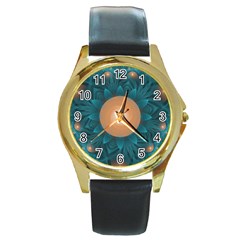 Beautiful Orange Teal Fractal Lotus Lily Pad Pond Round Gold Metal Watch by jayaprime