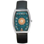 Beautiful Orange Teal Fractal Lotus Lily Pad Pond Barrel Style Metal Watch Front