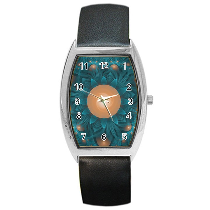 Beautiful Orange Teal Fractal Lotus Lily Pad Pond Barrel Style Metal Watch