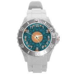 Beautiful Orange Teal Fractal Lotus Lily Pad Pond Round Plastic Sport Watch (l) by jayaprime