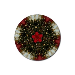 Christmas Wreath Stars Green Red Elegant Rubber Round Coaster (4 Pack)  by yoursparklingshop