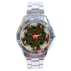 Christmas Wreath Stars Green Red Elegant Stainless Steel Analogue Watch by yoursparklingshop