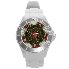 Christmas Wreath Stars Green Red Elegant Round Plastic Sport Watch (l) by yoursparklingshop