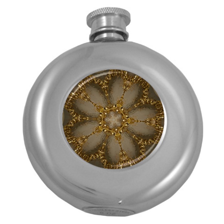 Golden Flower Star Floral Kaleidoscopic Design Round Hip Flask (5 oz)