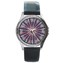 Red White Blue Kaleidoscopic Star Flower Design Round Metal Watch