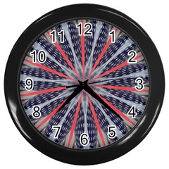 Red White Blue Kaleidoscopic Star Flower Design Wall Clocks (black) by yoursparklingshop