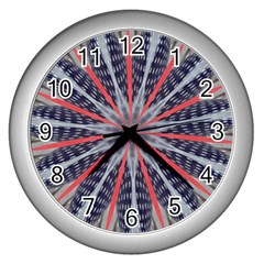 Red White Blue Kaleidoscopic Star Flower Design Wall Clocks (silver)  by yoursparklingshop