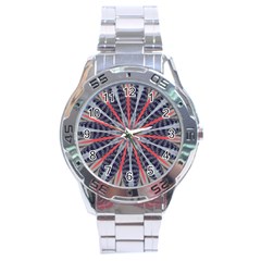 Red White Blue Kaleidoscopic Star Flower Design Stainless Steel Analogue Watch