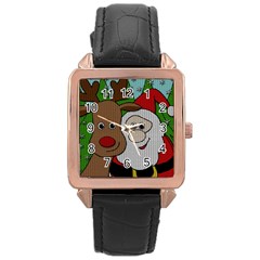 Santa and Rudolph selfie  Rose Gold Leather Watch 