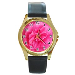 Pink Flower Japanese Tea Rose Floral Design Round Gold Metal Watch by yoursparklingshop