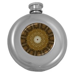 Elegant Festive Golden Brown Kaleidoscope Flower Design Round Hip Flask (5 Oz) by yoursparklingshop