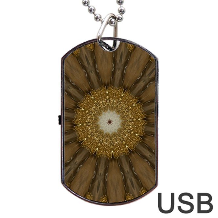 Elegant Festive Golden Brown Kaleidoscope Flower Design Dog Tag USB Flash (One Side)