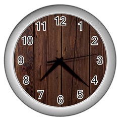 Rustic Dark Brown Wood Wooden Fence Background Elegant Natural Country Style Wall Clocks (silver)  by yoursparklingshop