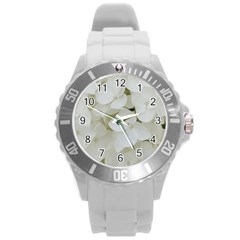 Hydrangea Flowers Blossom White Floral Elegant Bridal Chic Round Plastic Sport Watch (l) by yoursparklingshop