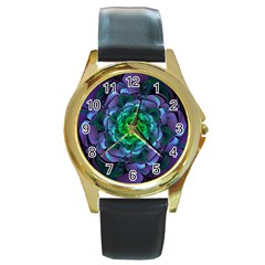 Beautiful Purple & Green Aeonium Arboreum Zwartkop Round Gold Metal Watch by jayaprime