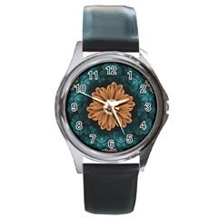 Beautiful Paradise Chrysanthemum of Orange and Aqua Round Metal Watch