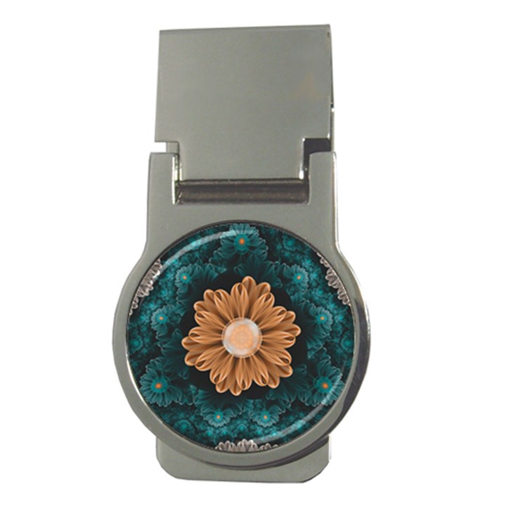 Beautiful Paradise Chrysanthemum of Orange and Aqua Money Clips (Round) 