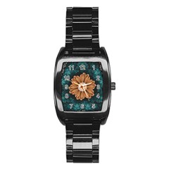 Beautiful Paradise Chrysanthemum of Orange and Aqua Stainless Steel Barrel Watch