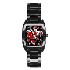 Red Black And White Abstraction Stainless Steel Barrel Watch by Valentinaart