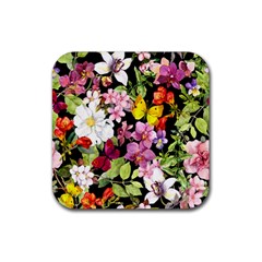 Beautiful,floral,hand Painted, Flowers,black,background,modern,trendy,girly,retro Rubber Coaster (square)  by NouveauDesign