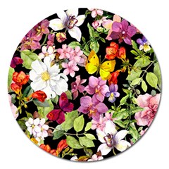 Beautiful,floral,hand Painted, Flowers,black,background,modern,trendy,girly,retro Magnet 5  (round) by NouveauDesign