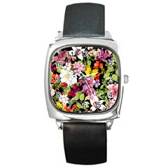 Beautiful,floral,hand Painted, Flowers,black,background,modern,trendy,girly,retro Square Metal Watch by NouveauDesign