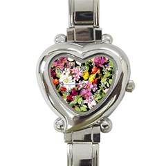 Beautiful,floral,hand Painted, Flowers,black,background,modern,trendy,girly,retro Heart Italian Charm Watch by NouveauDesign