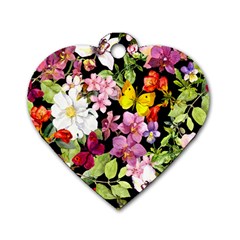 Beautiful,floral,hand Painted, Flowers,black,background,modern,trendy,girly,retro Dog Tag Heart (one Side) by NouveauDesign