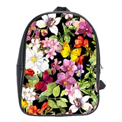 Beautiful,floral,hand Painted, Flowers,black,background,modern,trendy,girly,retro School Bag (large) by NouveauDesign