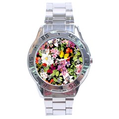 Beautiful,floral,hand Painted, Flowers,black,background,modern,trendy,girly,retro Stainless Steel Analogue Watch by NouveauDesign