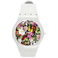 Beautiful,floral,hand Painted, Flowers,black,background,modern,trendy,girly,retro Round Plastic Sport Watch (m) by NouveauDesign