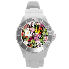 Beautiful,floral,hand Painted, Flowers,black,background,modern,trendy,girly,retro Round Plastic Sport Watch (l) by NouveauDesign