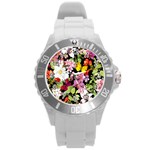 Beautiful,floral,hand painted, flowers,black,background,modern,trendy,girly,retro Round Plastic Sport Watch (L) Front