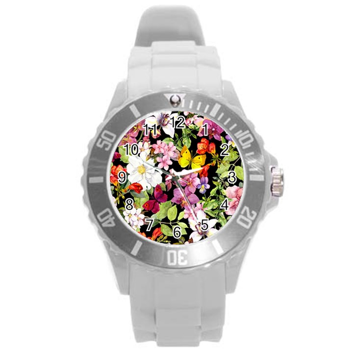 Beautiful,floral,hand painted, flowers,black,background,modern,trendy,girly,retro Round Plastic Sport Watch (L)