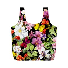 Beautiful,floral,hand Painted, Flowers,black,background,modern,trendy,girly,retro Full Print Recycle Bags (m)  by NouveauDesign