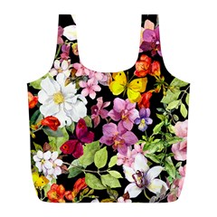 Beautiful,floral,hand Painted, Flowers,black,background,modern,trendy,girly,retro Full Print Recycle Bags (l)  by NouveauDesign