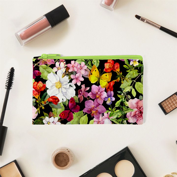 Beautiful,floral,hand painted, flowers,black,background,modern,trendy,girly,retro Cosmetic Bag (XS)