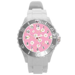 Pink Flowers Round Plastic Sport Watch (l) by NouveauDesign