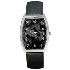 Black and White Leaves Photo Barrel Style Metal Watch