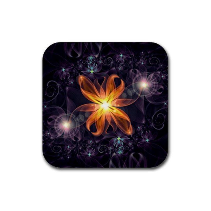 Beautiful Orange Star Lily Fractal Flower at Night Rubber Coaster (Square) 