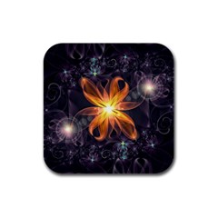 Beautiful Orange Star Lily Fractal Flower At Night Rubber Square Coaster (4 Pack)  by jayaprime