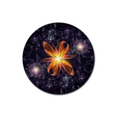 Beautiful Orange Star Lily Fractal Flower At Night Rubber Coaster (round)  by jayaprime