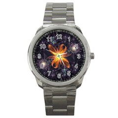 Beautiful Orange Star Lily Fractal Flower At Night Sport Metal Watch by jayaprime