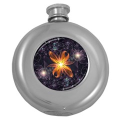 Beautiful Orange Star Lily Fractal Flower At Night Round Hip Flask (5 Oz) by jayaprime