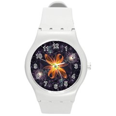 Beautiful Orange Star Lily Fractal Flower At Night Round Plastic Sport Watch (m) by jayaprime